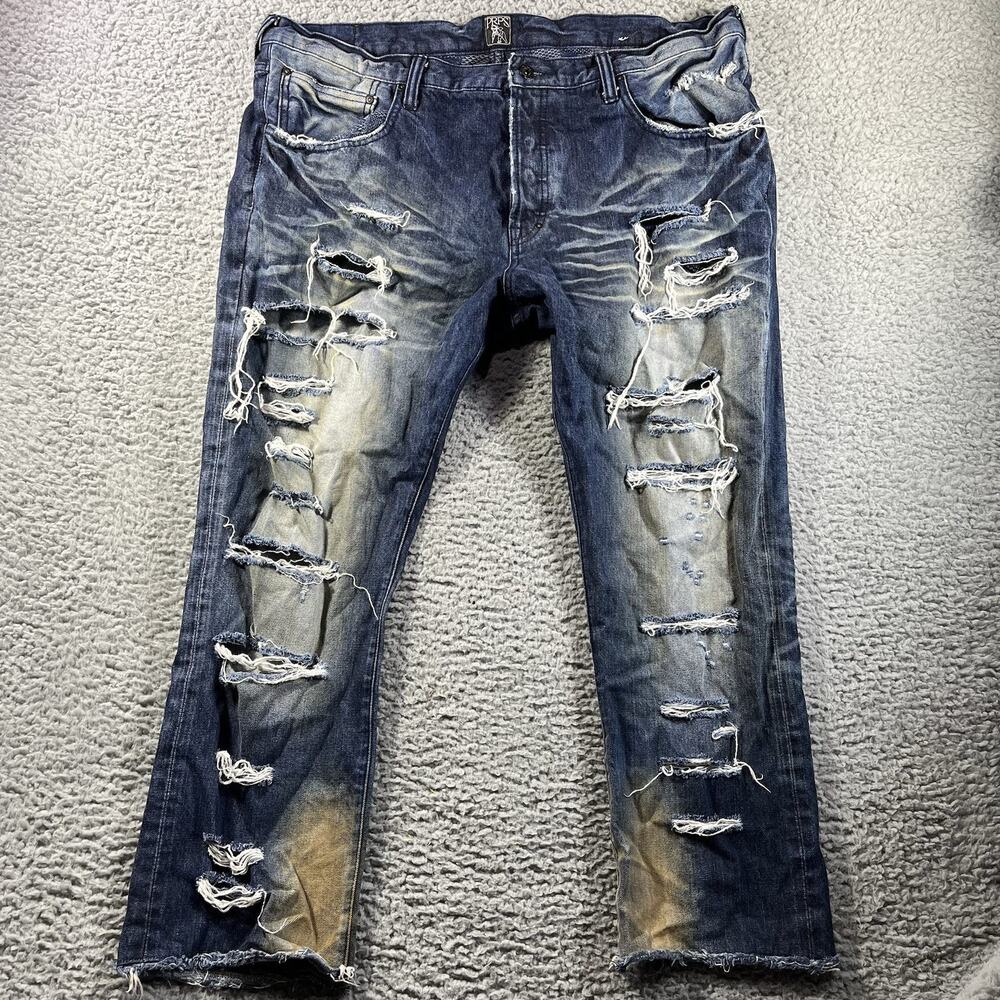 PRPS Goods & Co. Distressed Denim Jeans Men's 42x28 Heavy Ripped Button Fly Blue